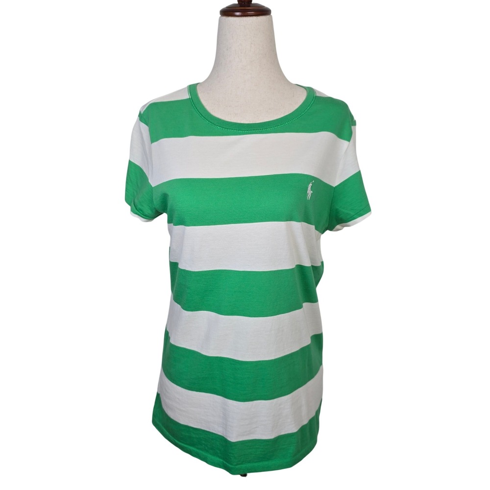 VTG Ralph Lauren Sport Womens Green White Striped Cotton Pony Logo T-Shirt Large